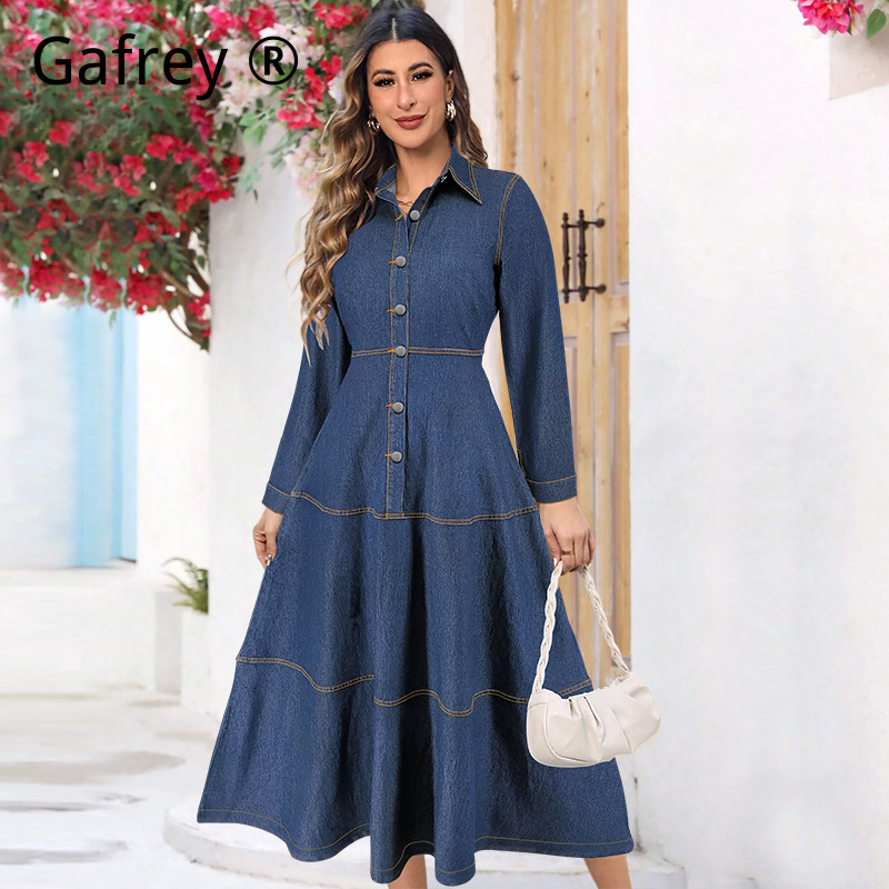 Women Fashion Jeans - Neues Modisches Denim-Jeanshemdkleid Langarm Reverskragen Taillengürtel