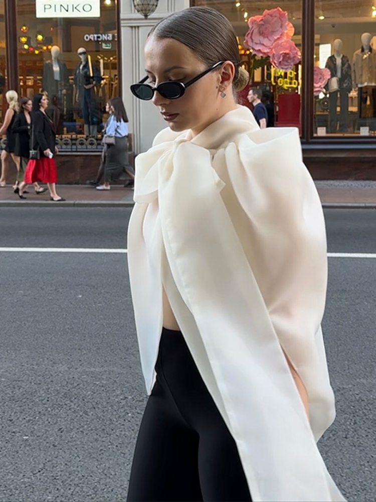 Wrap Blouse Chiffon - Modische Damen-Top Ärmellos mit Schleife Hochkragen