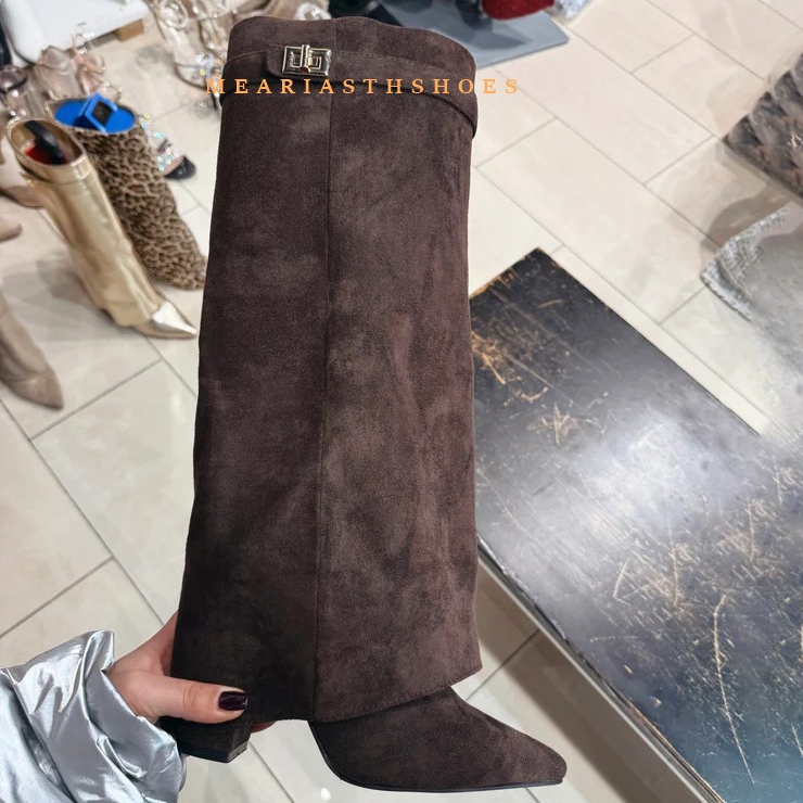 Women'S Fashion Boots 2025 - Frauen Blockabsatz Kniehohe Stiefel Spitzschuh Schwarz