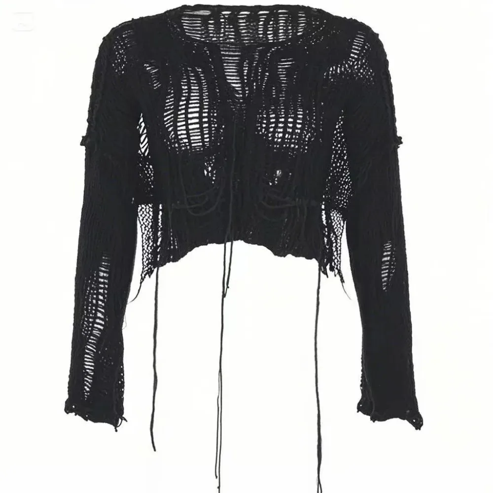 Women'S Fashion Knitwear - Crop-Top mit Löchern, Sexy Gyaru-Strickpullover mit