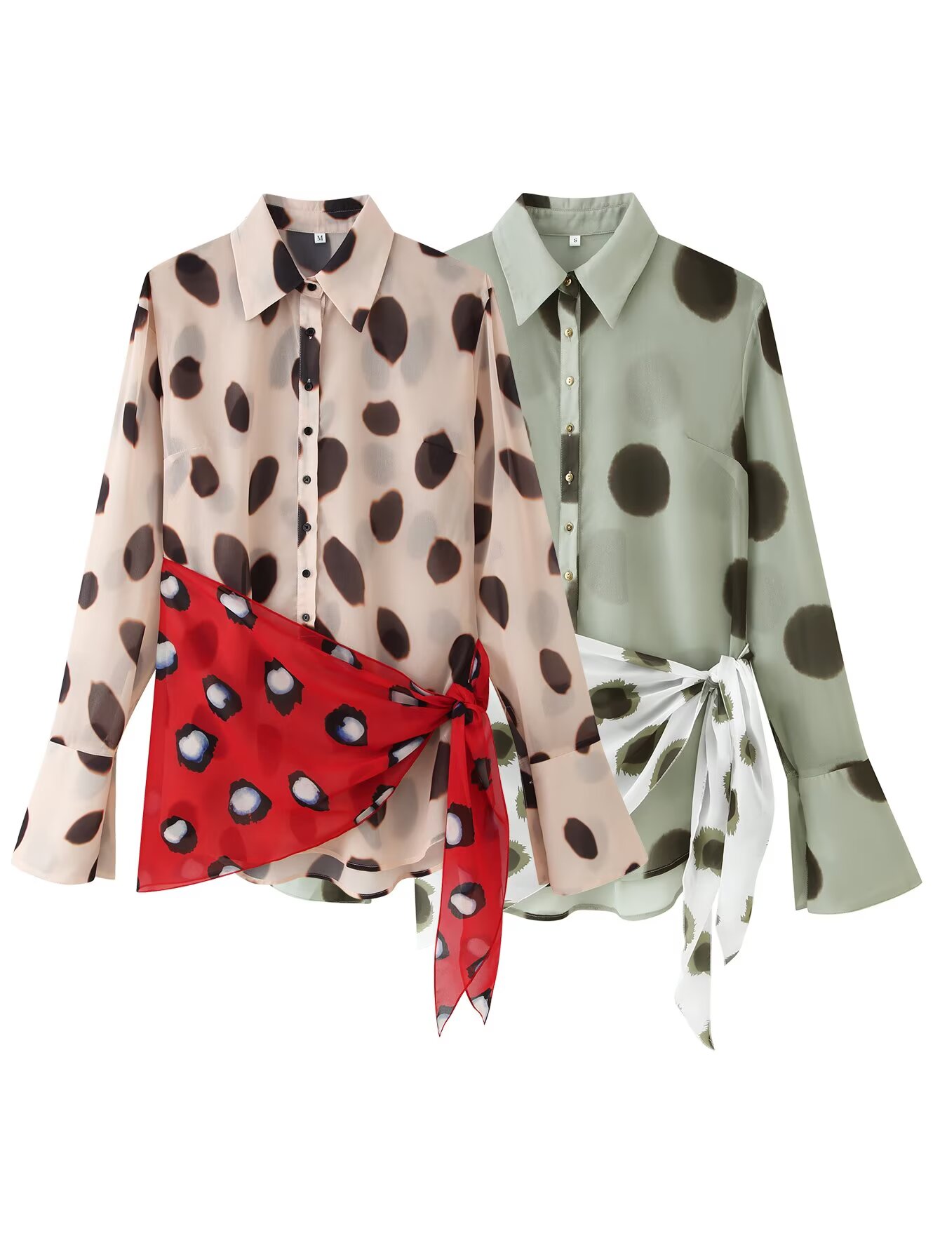 Wrap Blouse Chiffon - Damen Langarm-Bluse mit Punktmuster, Kontrast-Chiffon-Schleifengürtel, Wickeloptik