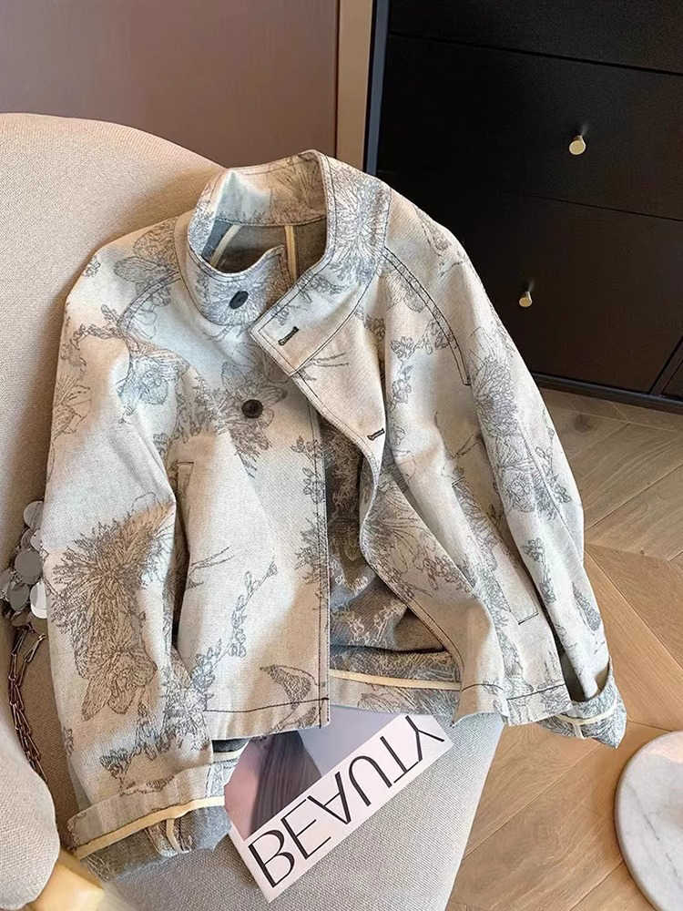 Women'S Fashion In The 90S - Frauen Hellgrau Print Denim Jacke Vintage