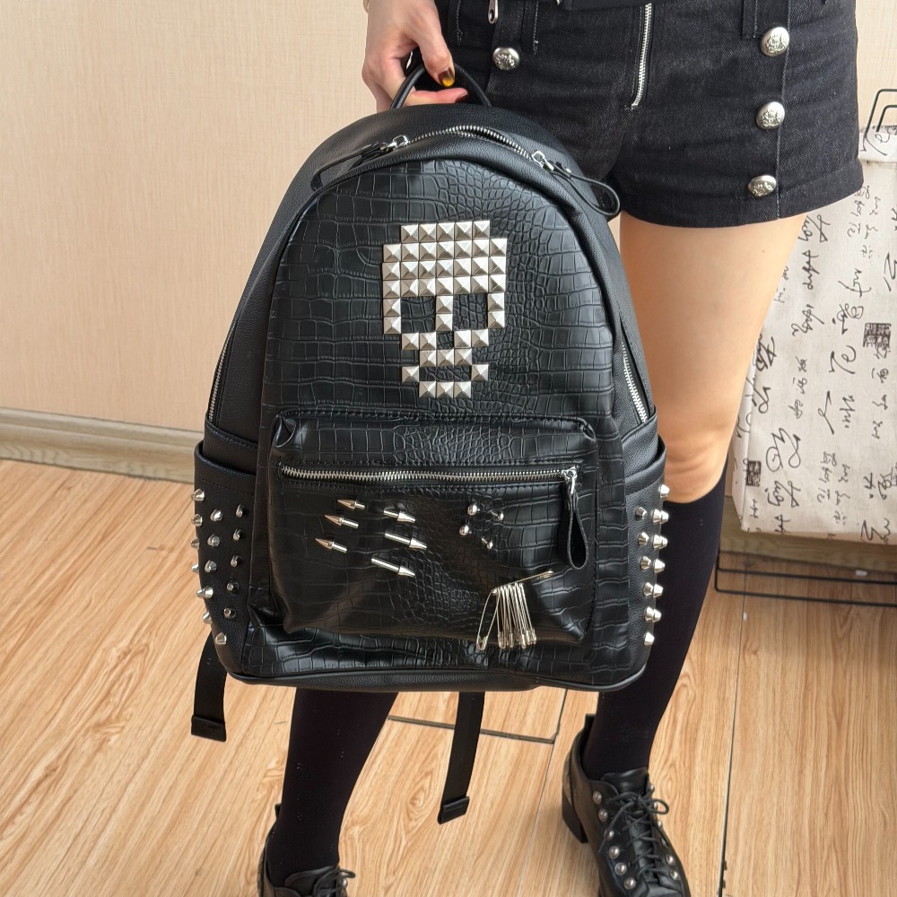 Women'S Fashion Backpack - Original Schwarzer Rucksack mit Krokodilmuster und