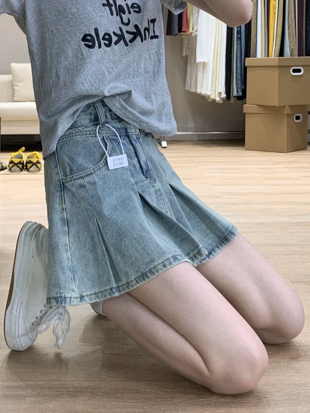 Women Fashion Jeans - Damen High-Waist Denim Faltenrock Vintage Washed
