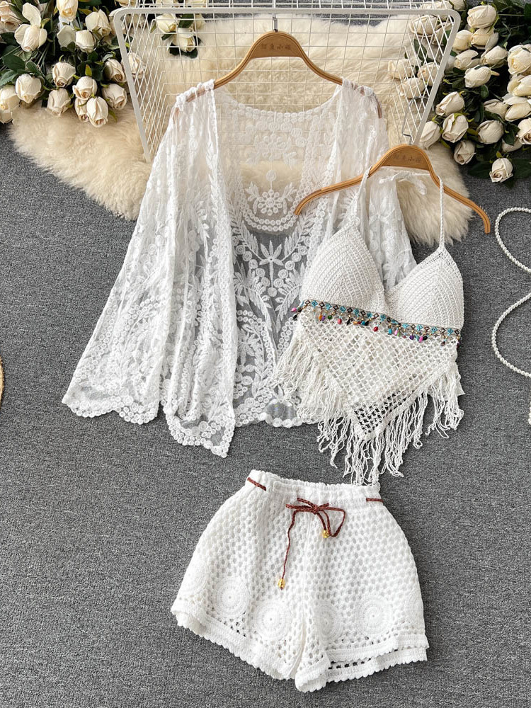 Women'S Fashion Knitwear - Sommer Neues Urlaubsoutfit Damen Spitzen-Bestickter Cardigan+Quasten-Oberteil+Ausgehöhlte