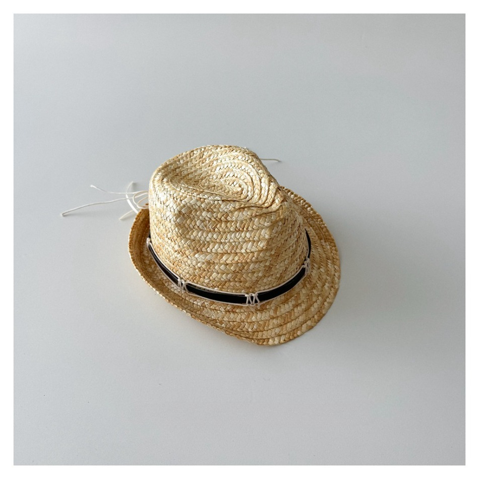 Straw Hat Summer - Kinder Naturstroh-Fedora-Hut mit Schwarzem Bandkragen Atmungsaktiver