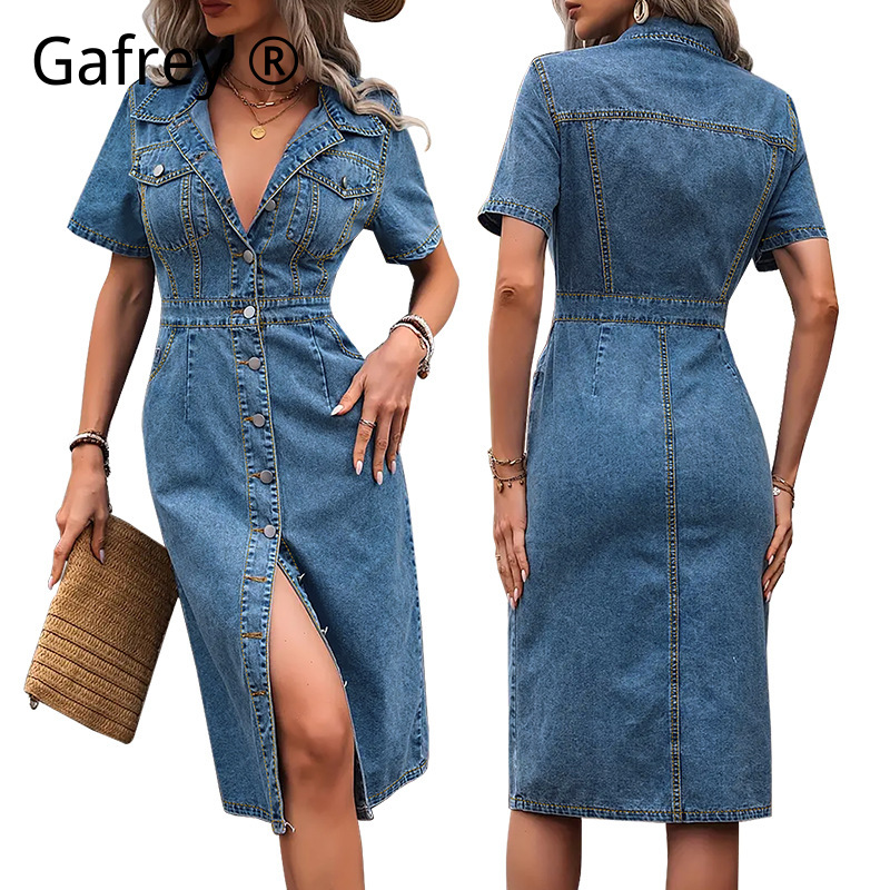 Women Fashion Jeans - Übergröße Damen Jeanskleid mit Revers Sommer