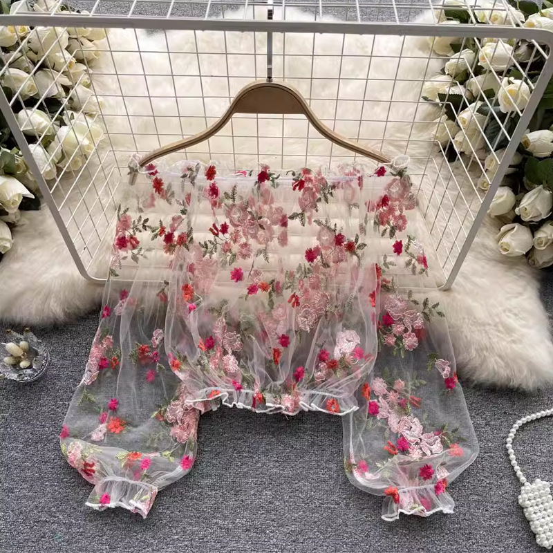 Wrap Blouse Chiffon - Einschultrige, bestickte, transparente Sommer-Oberbekleidung aus Tüll
