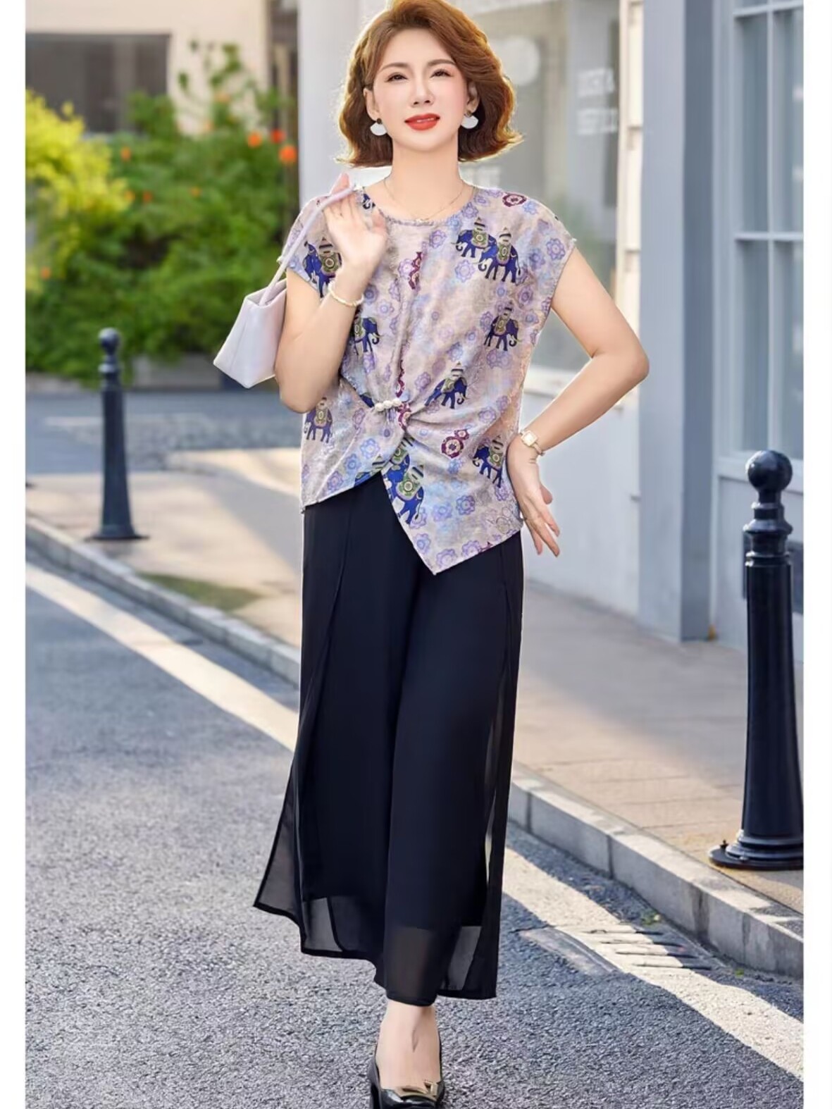 Women Fashion Over 60 - Modisches Sommer-Outfit-Set, kurzärmeliger zweiteiliger Anzug für