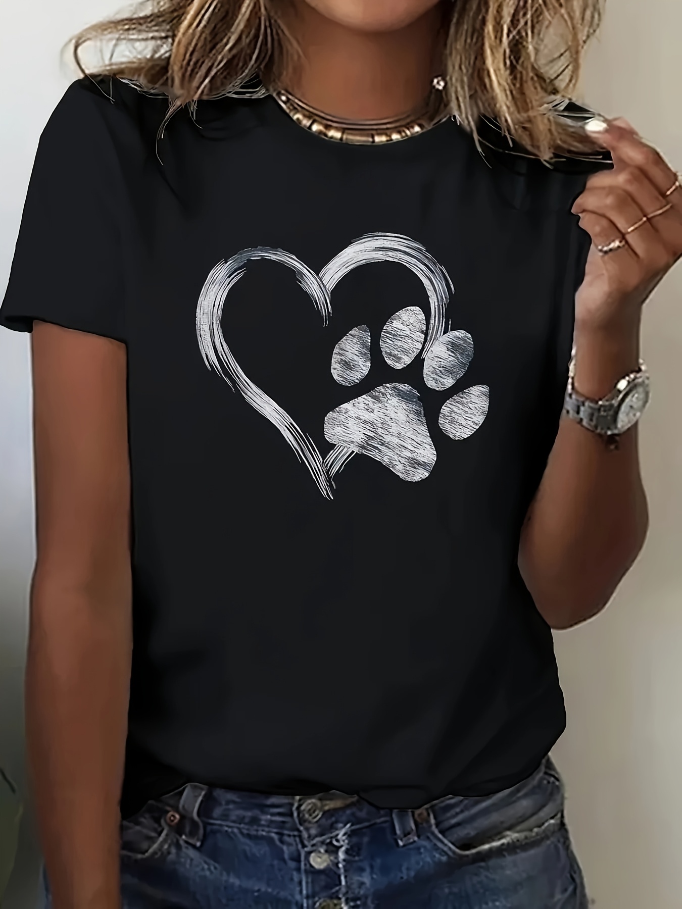 Women'S Fashion In The 90S - Damen T-Shirt mit Herz- und Hundepfoten-Print,