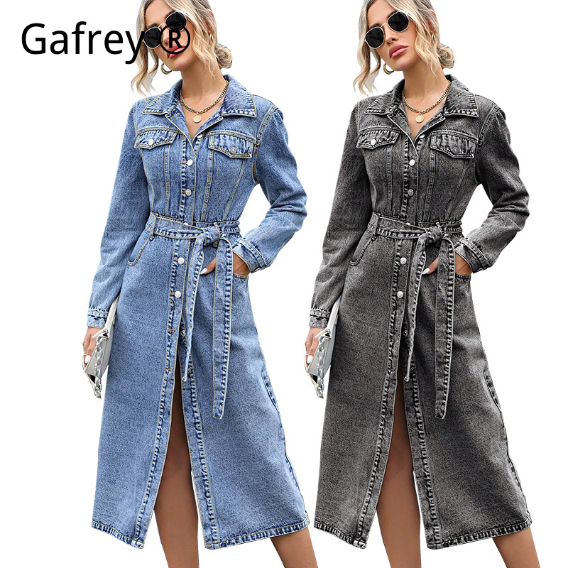Women Fashion Jeans - Damen Langarm Jeanskleid Herbst Winter Tailliertes