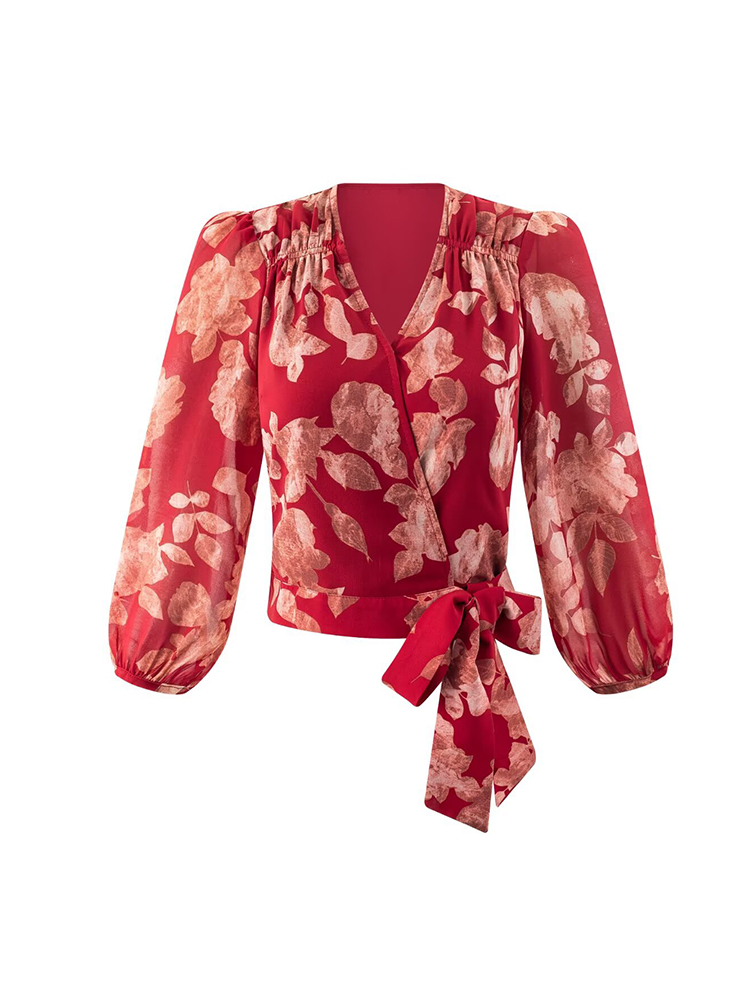 Wrap Blouse Chiffon - Frauen V-Ausschnitt Wrap Bandage Blusen Blumendruck