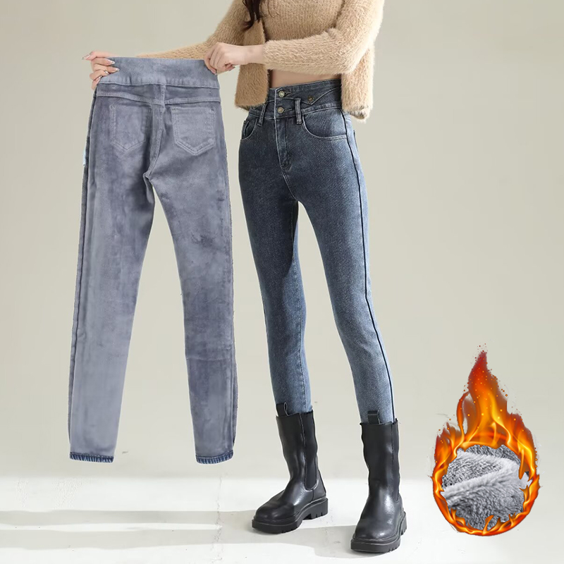 Women Fashion Jeans - Winter Dame Chic Plüsch Thermische Gerade