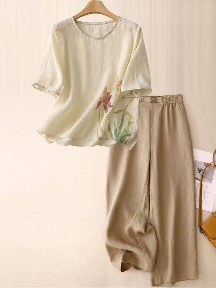 Women Fashion Over 60 - Lässiges Leinen-Baumwoll-Zweiteiler-Set für Damen, lockeres Oberteil,