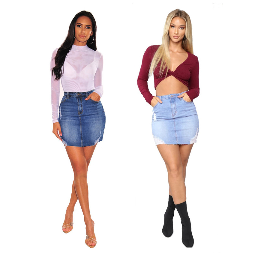 Women Fashion Jeans - Distressed Denim-Miniröcke für Damen, hochtaillierter, figurformender