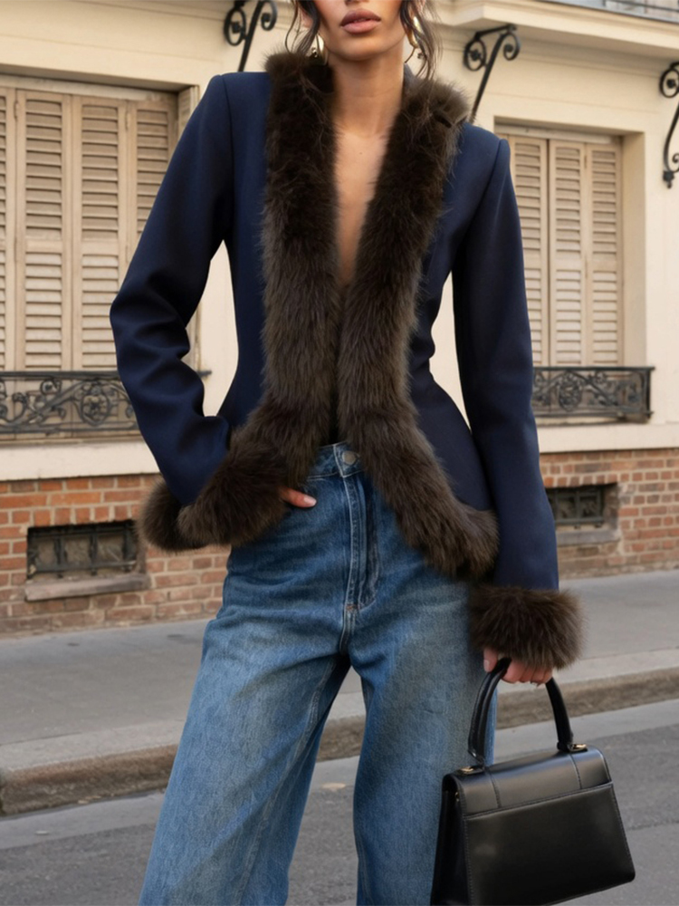 Women'S Fashion Long Coat - Damen Pelz-Patchwork Rockanzug Retro Slim Langarm-Mantel